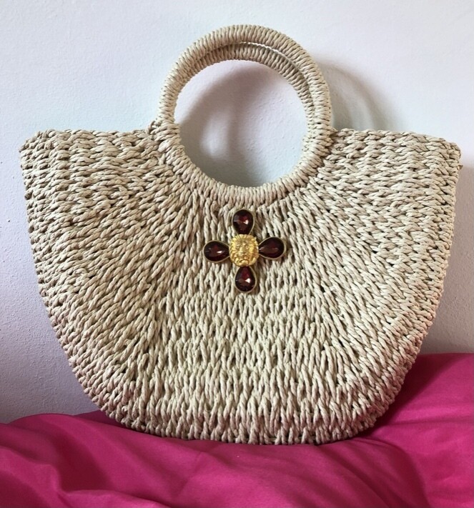Woven Raffia Tote with Lion's Head Cross
