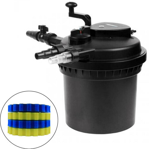 PRESSURE FILTER W/ UV cable length is 16 feet, the 9 watt UV, tmax flow is 1,000 GPH. [750 GALLONS]
