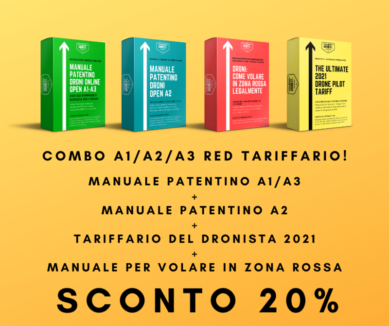 COMBO GUIDA PATENTINO DRONI ONLINE A1/A3 + A2 + DOMANDE E RISPOSTE + VOLARE LEGALMENTE IN ZONE ROSSA + TARIFFARIO DEL DRONISTA 2021 COMBO GUIDA PATENTINO DRONI ONLINE A1/A3 + A2 + DOMANDE E RISPOSTE + VOLARE LEGALMENTE IN ZONE ROSSA + TARIFFARIO DEL DRONISTA 2021