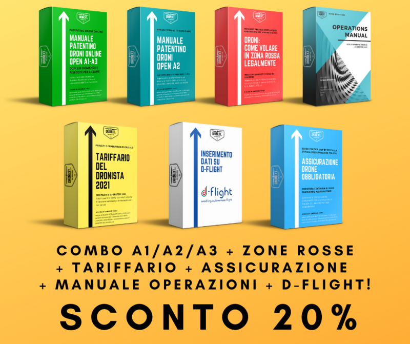 COMBO GUIDA PATENTINO DRONI ONLINE A1/A2/A3 ONLINE + ZONE ROSSE + D-FLIGHT + TARIFFARIO + MANUALE DELLE OPERAZIONI + ASSICURAZIONE COMBO GUIDA PATENTINO DRONI ONLINE A1/A2/A3 ONLINE + ZONE ROSSE + D-FLIGHT + TARIFFARIO + MANUALE DELLE OPERAZIONI + ASSICURAZIONE