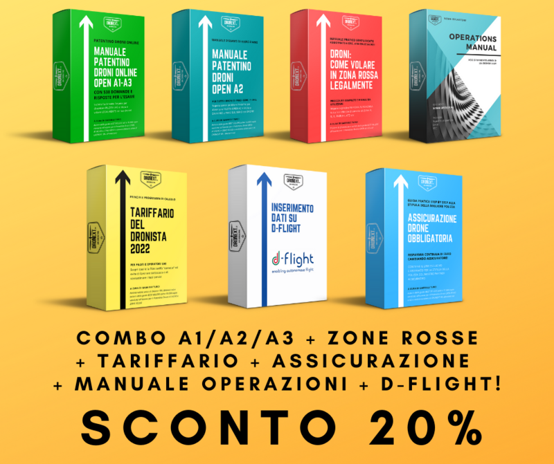 COMBO GUIDA PATENTINO DRONI ONLINE A1/A2/A3 ONLINE DA CASA + ZONE ROSSE + D-FLIGHT + TARIFFARIO + MANUALE DELLE OPERAZIONI + ASSICURAZIONE COMBO GUIDA PATENTINO DRONI ONLINE A1/A2/A3 ONLINE DA CASA + ZONE ROSSE + D-FLIGHT + TARIFFARIO + MANUALE DELLE OPERAZIONI + ASSICURAZIONE