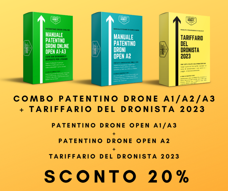 COMBO GUIDA PATENTINO DRONE A1/A2/A3  ONLINE DA CASA + DOMANDE E RISPOSTE + TARIFFARIO DEL DRONISTA 2023