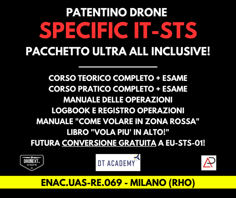 CORSO DRONE SPECIFIC IT-STS (+ EU-STS-01) MILANO (RHO) 14,21,22.10: TEORIA + PRATICA + ESAMI + MANUALI + ATTESTATO