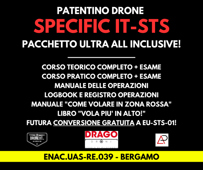 CORSO DRONE SPECIFIC IT-STS (+ EU-STS-01) BERGAMO 21 OTTOBRE 2023: TEORIA + PRATICA + ESAMI + MANUALI + ATTESTATO