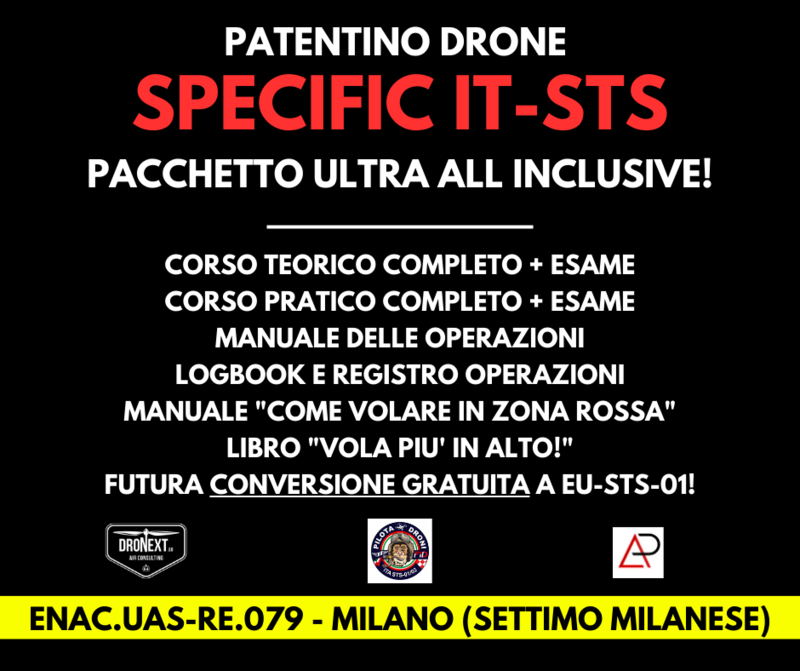 CORSO DRONE SPECIFIC IT-STS (+ EU-STS-01) MILANO (SETTIMO MILANESE) 16-19.10 2023: TEORIA + PRATICA + ESAMI + MANUALI + ATTESTATO CORSO DRONE SPECIFIC IT-STS (+ EU-STS-01) MILANO (SETTIMO MILANESE) 16-19.10 2023: TEORIA + PRATICA + ESAMI + MANUALI + ATTESTATO