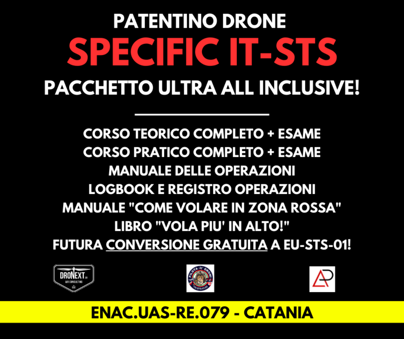 CORSO DRONE SPECIFIC IT-STS (+ EU-STS-01) CATANIA 16-19.10 2023: TEORIA + PRATICA + ESAMI + MANUALI + ATTESTATO
