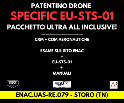 TRENTO: CORSO DRONE SPECIFIC EU-STS-01 + IT-STS-01/02: 25-26.08.2025: TEORIA + PRATICA + ESAMI + MANUALI + ATTESTATO TRENTO: CORSO DRONE SPECIFIC EU-STS-01 + IT-STS-01/02: 25-26.08.2025: TEORIA + PRATICA + ESAMI + MANUALI + ATTESTATO