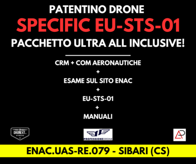 COSENZA: CORSO DRONE SPECIFIC EU-STS-01 + IT-STS-01/02: 25-26.08.2025: TEORIA + PRATICA + ESAMI + MANUALI + ATTESTATO COSENZA: CORSO DRONE SPECIFIC EU-STS-01 + IT-STS-01/02: 25-26.08.2025: TEORIA + PRATICA + ESAMI + MANUALI + ATTESTATO