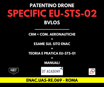 ROMA: CORSO DRONE SPECIFIC EU-STS-02 (BVLOS) 21/23/28.06.2025: TEORIA + PRATICA + ESAMI + MANUALI + ATTESTATO ROMA: CORSO DRONE SPECIFIC EU-STS-02 (BVLOS) 21/23/28.06.2025: TEORIA + PRATICA + ESAMI + MANUALI + ATTESTATO