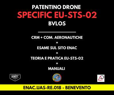 BENEVENTO: CORSO DRONE SPECIFIC EU-STS-02 (BVLOS) 02/03/07.06.2025: TEORIA + PRATICA + ESAMI + MANUALI + ATTESTATO BENEVENTO: CORSO DRONE SPECIFIC EU-STS-02 (BVLOS) 02/03/07.06.2025: TEORIA + PRATICA + ESAMI + MANUALI + ATTESTATO