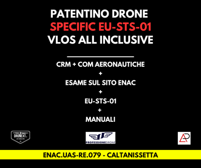 CALTANISSETTA: CORSO DRONE SPECIFIC EU-STS-01 + IT-STS-01/02: 23-24.06.2025: TEORIA + PRATICA + ESAMI + MANUALI + ATTESTATO CALTANISSETTA: CORSO DRONE SPECIFIC EU-STS-01 + IT-STS-01/02: 23-24.06.2025: TEORIA + PRATICA + ESAMI + MANUALI + ATTESTATO