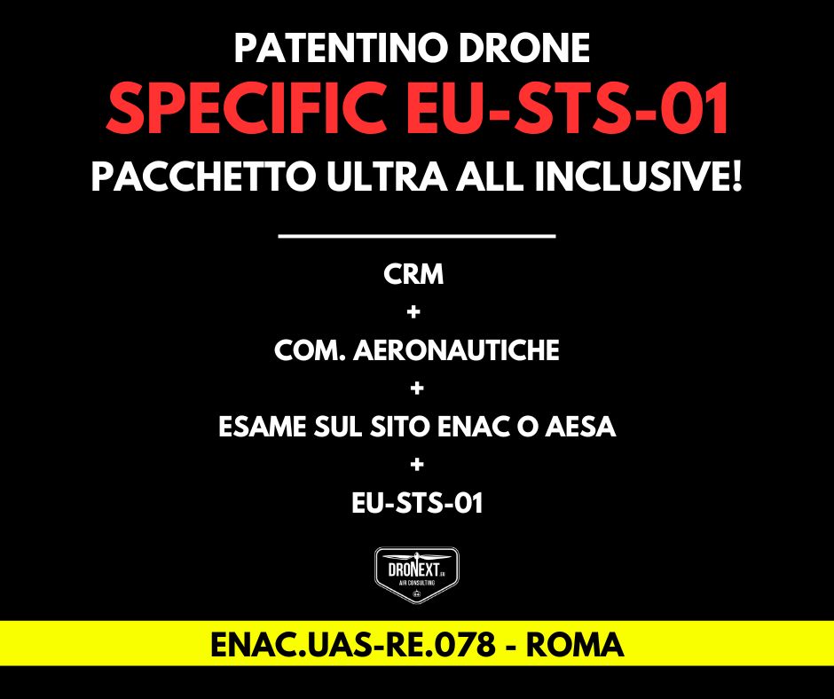 ROMA: CORSO DRONE SPECIFIC EU-STS-01 + IT-STS-01/02: 27/28.11.2025: TEORIA + PRATICA + ESAMI + MANUALI + ATTESTATO