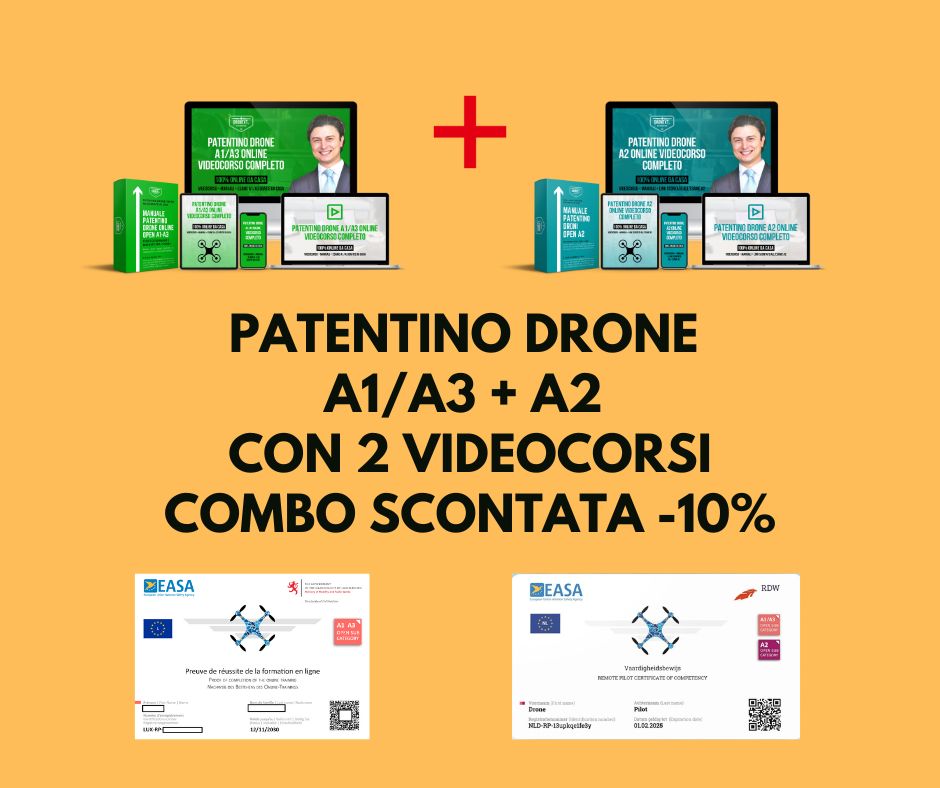 COMBO PATENTINO DRONE A1/A3 + A2 CON VIDEOCORSI ONLINE DA CASA + DOMANDE E RISPOSTE
