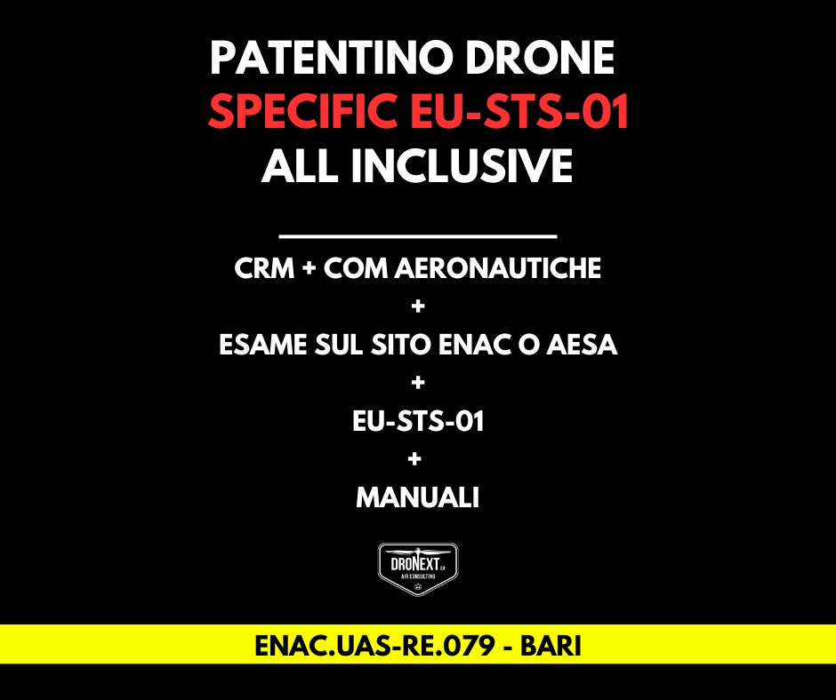 BARI: CORSO DRONE SPECIFIC EU-STS-01 (VLOS) 26-27.01.2026: TEORIA + PRATICA + ESAMI + MANUALI + ATTESTATO