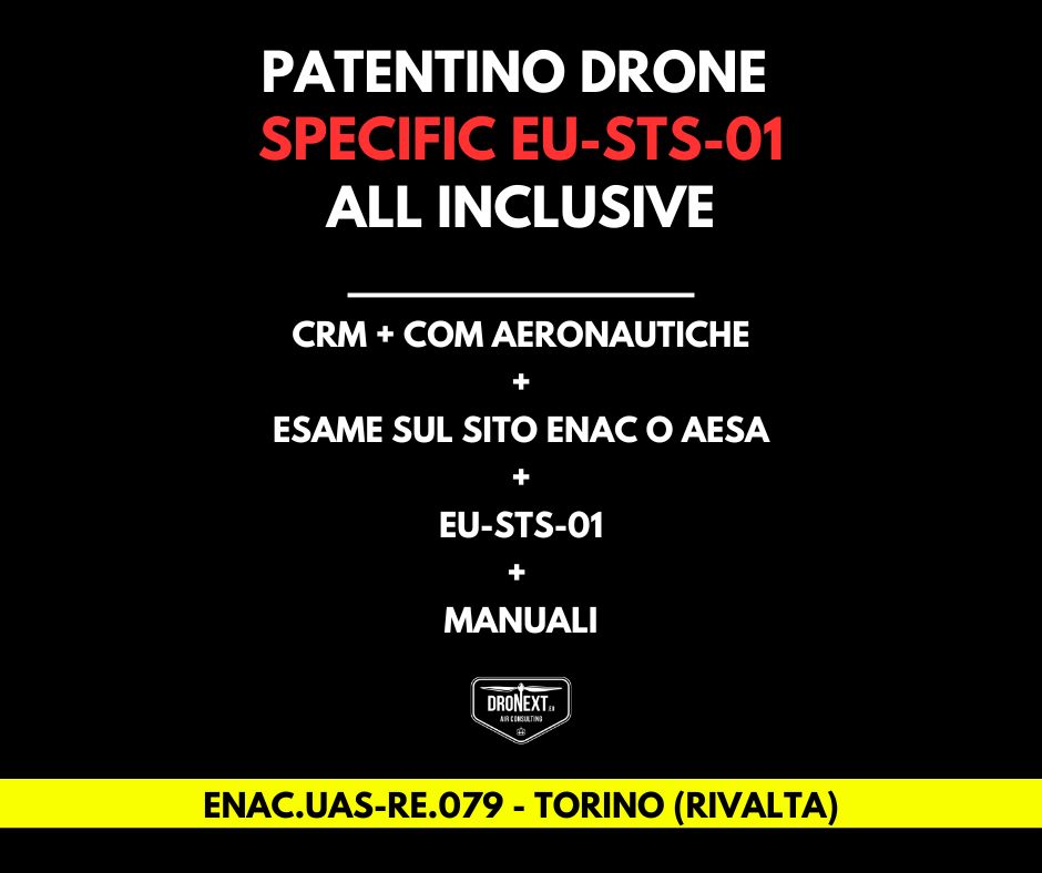 TORINO (RIVALTA T.SE): CORSO DRONE SPECIFIC EU-STS-01 (VLOS) 26-27.01.2026: TEORIA + PRATICA + ESAMI + MANUALI + ATTESTATO