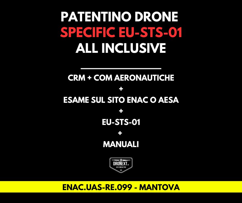 MANTOVA: CORSO DRONE SPECIFIC EU-STS-01 (VLOS) 15/17.01.2026: TEORIA + PRATICA + ESAMI + MANUALI + ATTESTATO