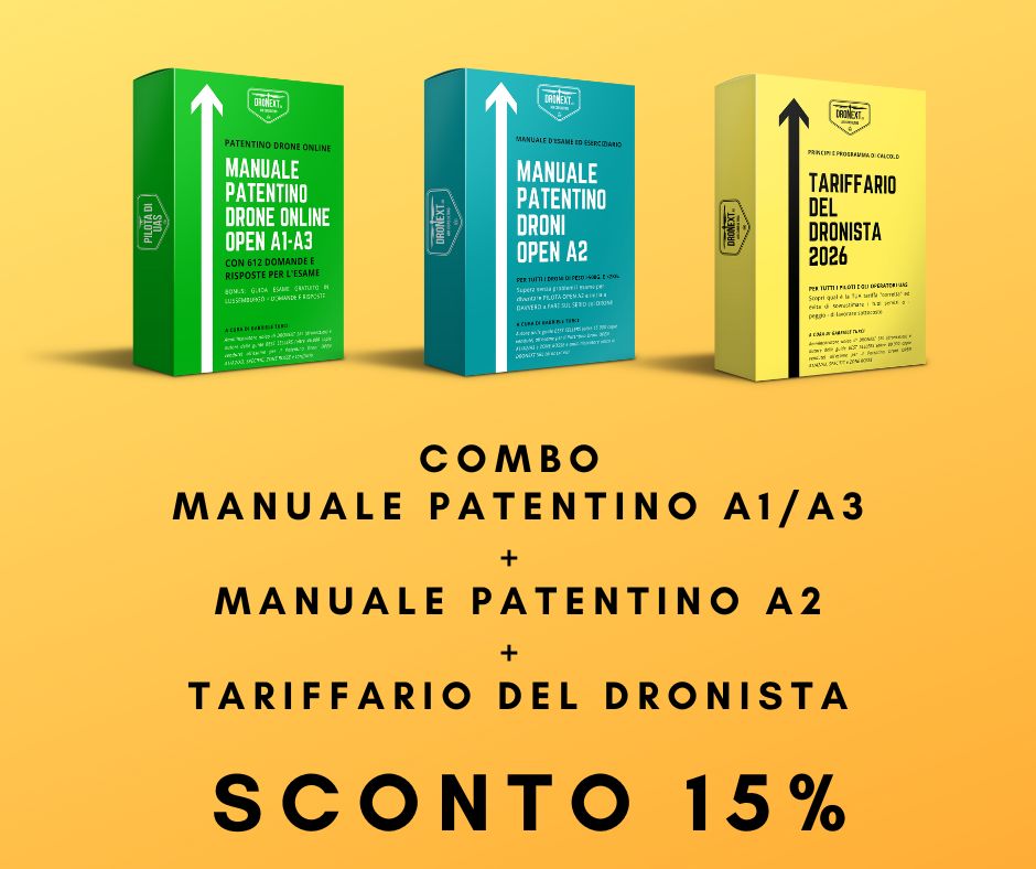 COMBO GUIDA PATENTINO DRONE A1/A2/A3  ONLINE DA CASA + DOMANDE E RISPOSTE + TARIFFARIO DEL DRONISTA 2026