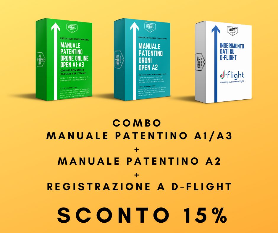 COMBO GUIDA PATENTINO DRONE A1/A2/A3 ONLINE DA CASA + DOMANDE E RISPOSTE + D-FLIGHT