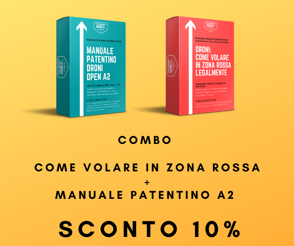 COMBO GUIDA PATENTINO DRONE A2 ONLINE DA CASA + MANUALE PER VOLARE IN ZONA ROSSA