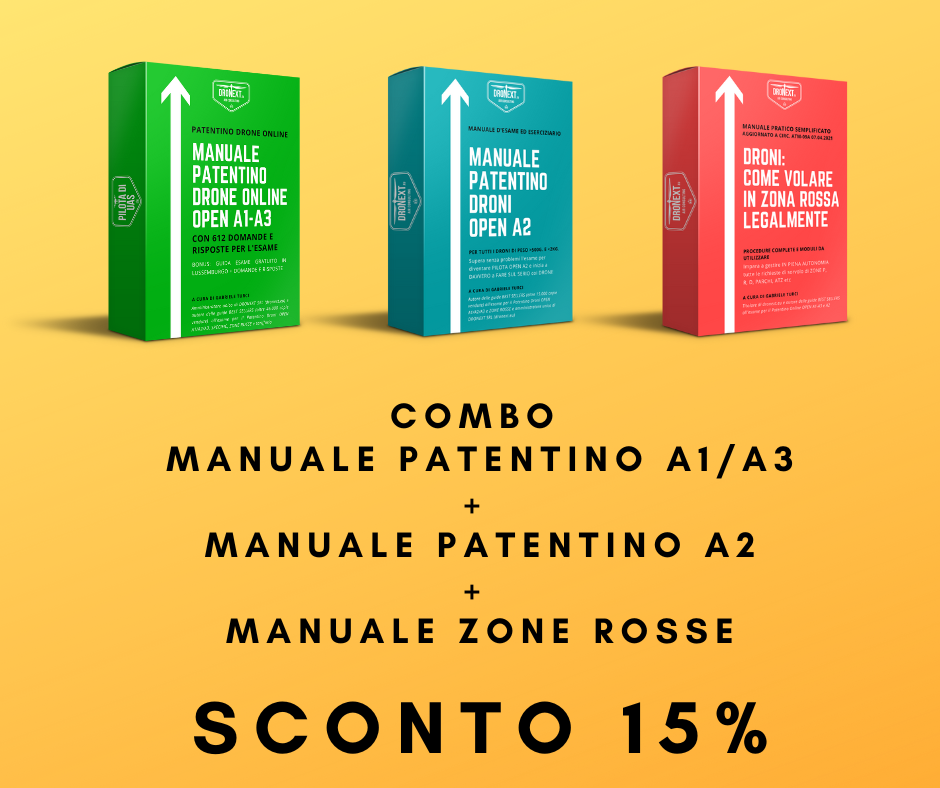 COMBO GUIDA PATENTINO DRONE A1/A2/A3 ONLINE DA CASA + DOMANDE E RISPOSTE + VOLARE LEGALMENTE IN ZONE ROSSA