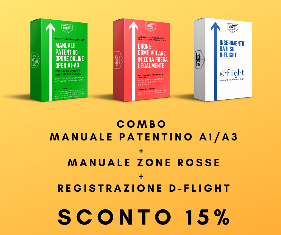 COMBO GUIDA PATENTINO DRONE A1/A3  ONLINE DA CASA + DOMANDE E RISPOSTE + INSERIMENTO DATI SU D-FLIGHT + VOLARE LEGALMENTE IN ZONE ROSSA