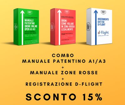 COMBO GUIDA PATENTINO DRONE A1/A3  ONLINE DA CASA + DOMANDE E RISPOSTE + INSERIMENTO DATI SU D-FLIGHT + VOLARE LEGALMENTE IN ZONE ROSSA