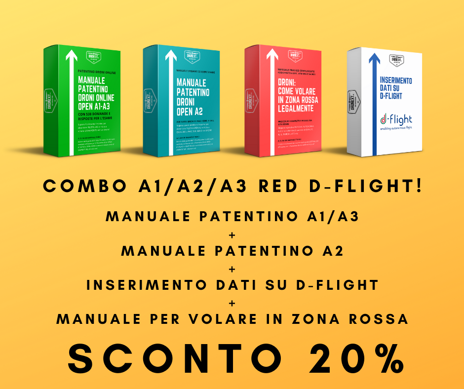 COMBO GUIDA PATENTINO DRONE A1/A2/A3 ONLINE DA CASA + DOMANDE E RISPOSTE + INSERIMENTO DATI SU D-FLIGHT + VOLARE LEGALMENTE IN ZONE ROSSA