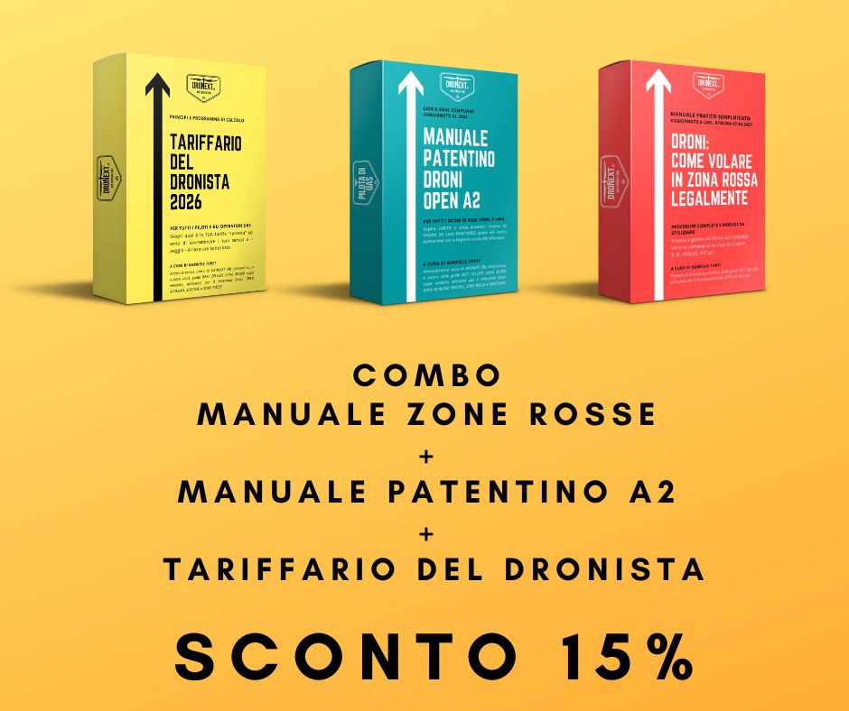 COMBO TARIFFARIO 2026 + MANUALE PER VOLARE IN ZONA ROSSA + PATENTINO DRONE A2 ONLINE DA CASA