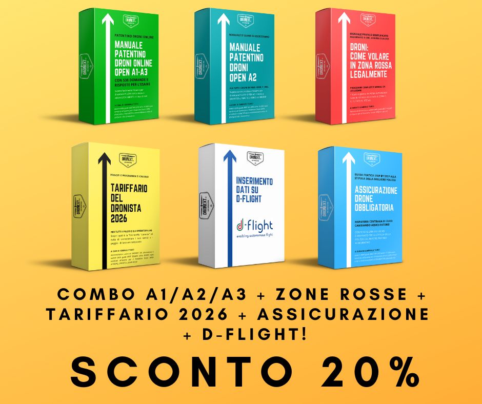 COMBO GUIDA PATENTINO DRONI ONLINE A1/A2/A3 ONLINE DA CASA + ZONE ROSSE + D-FLIGHT + TARIFFARIO 2026 + ASSICURAZIONE