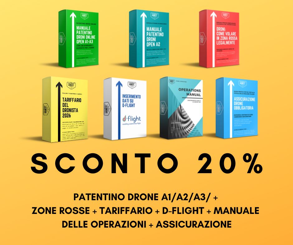 COMBO GUIDA PATENTINO DRONI ONLINE A1/A2/A3 ONLINE DA CASA + ZONE ROSSE + D-FLIGHT + TARIFFARIO 2026 + MANUALE DELLE OPERAZIONI + ASSICURAZIONE