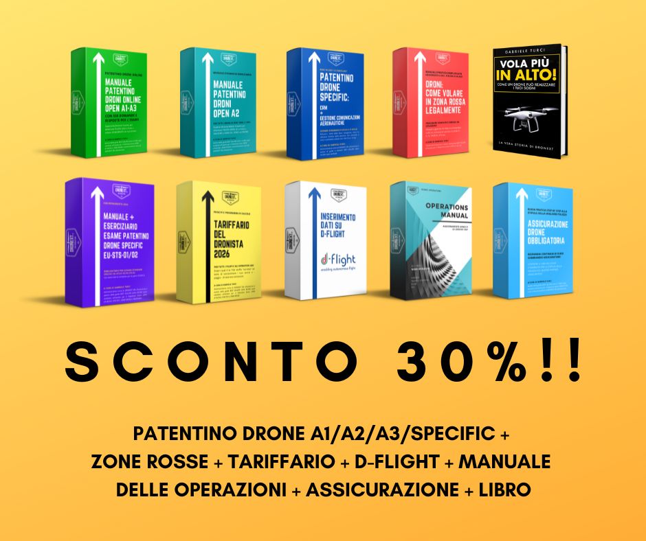 COMBO GUIDA PATENTINO DRONI ONLINE A1/A2/A3/SPECIFIC STS + ZONE ROSSE + TARIFFARIO 2026 + D-FLIGHT + MANUALE DELLE OPERAZIONI + ASSICURAZIONE + LIBRO