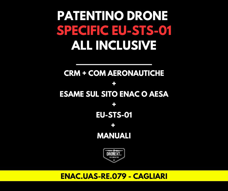 CAGLIARI: CORSO DRONE SPECIFIC EU-STS-01 (VLOS): 21-22.04.2026: TEORIA + PRATICA + ESAMI + MANUALI + ATTESTATO