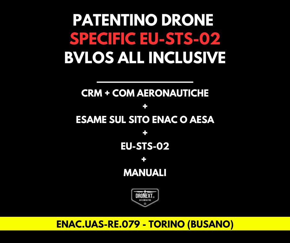 TORINO (BUSANO): CORSO DRONE SPECIFIC EU-STS-02 (BVLOS) 21-22.04.2026: TEORIA + PRATICA + ESAMI + MANUALI + ATTESTATO
