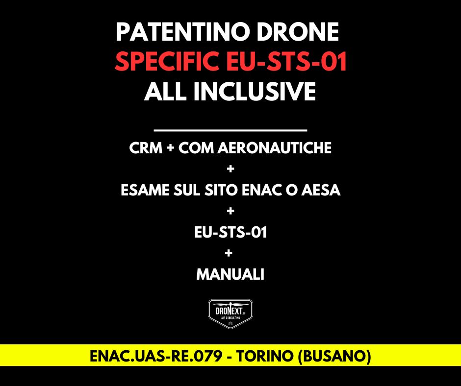 TORINO (BUSANO): CORSO DRONE SPECIFIC EU-STS-01 (VLOS) 21-22.04.2026: TEORIA + PRATICA + ESAMI + MANUALI + ATTESTATO