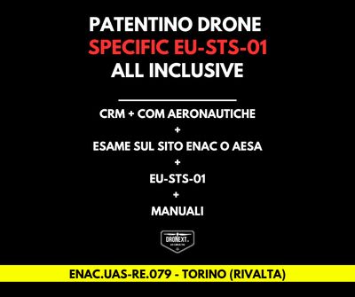 TORINO (RIVALTA T.SE): CORSO DRONE SPECIFIC EU-STS-01 (VLOS) 21-22.04.2026: TEORIA + PRATICA + ESAMI + MANUALI + ATTESTATO