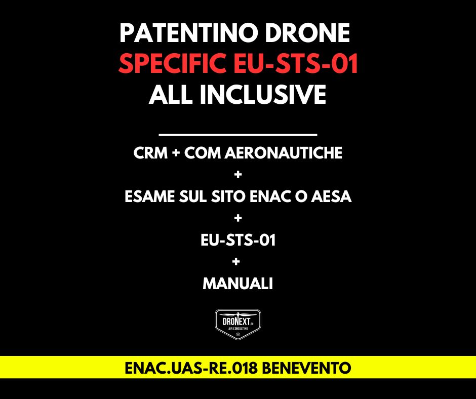 BENEVENTO: CORSO DRONE SPECIFIC EU-STS-01 (VLOS): 13-14-15-18.04.2026: TEORIA + PRATICA + ESAMI + MANUALI + ATTESTATO