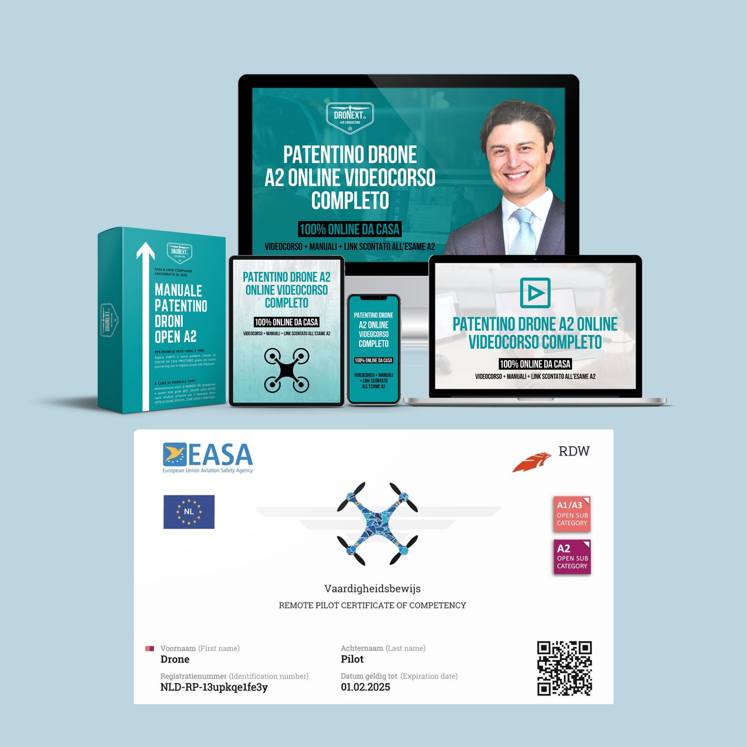 PATENTINO DRONE A2: VIDEOCORSO + MANUALE + ESERCIZIARIO + LINK A ESAME A2 ONLINE DA CASA SCONTATO DEL 62%