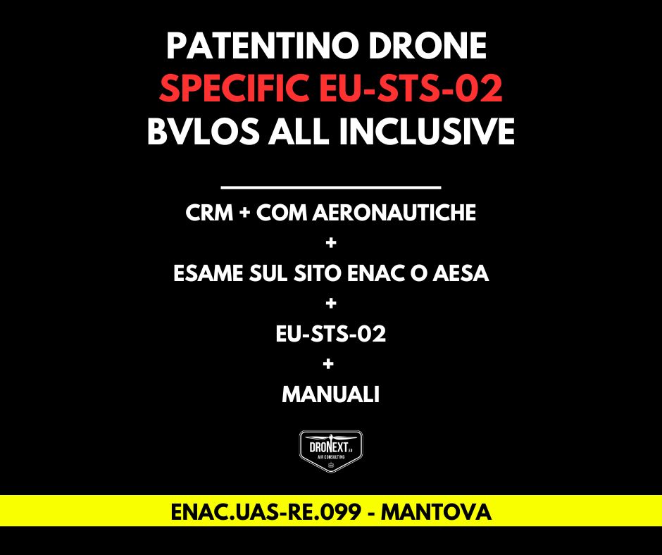 MANTOVA: CORSO DRONE SPECIFIC EU-STS-02 (BVLOS) 20/23.05.2026: TEORIA + PRATICA + ESAMI + MANUALI + ATTESTATO