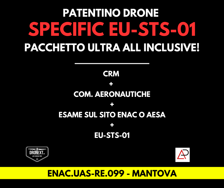 MANTOVA: CORSO DRONE SPECIFIC EU-STS-01 (VLOS) 15/17.01.2026: TEORIA + PRATICA + ESAMI + MANUALI + ATTESTATO
