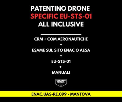 MANTOVA: CORSO DRONE SPECIFIC EU-STS-01 (VLOS) 16-17.09.2026: TEORIA + PRATICA + ESAMI + MANUALI + ATTESTATO