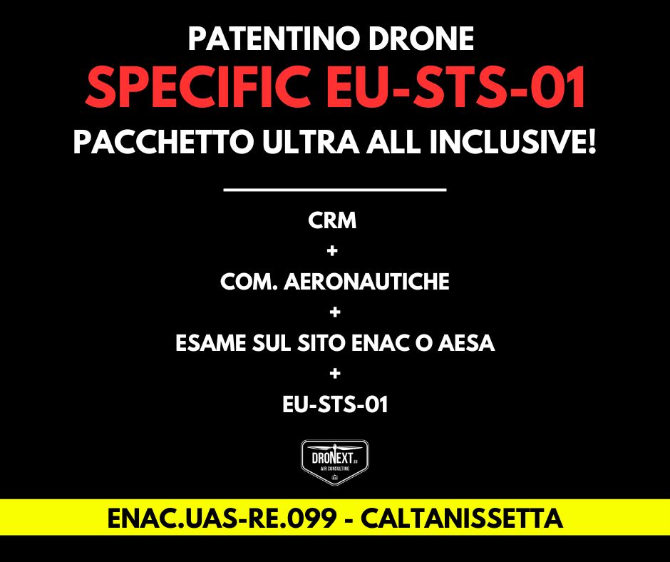 CALTANISSETTA: CORSO DRONE SPECIFIC EU-STS-01 (VLOS) 15/17.01.2026: TEORIA + PRATICA + ESAMI + MANUALI + ATTESTATO