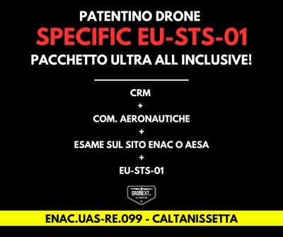 CALTANISSETTA: CORSO DRONE SPECIFIC EU-STS-01 (VLOS) 16/19.09.2026: TEORIA + PRATICA + ESAMI + MANUALI + ATTESTATO
