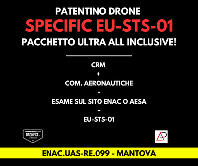 MANTOVA: CORSO DRONE SPECIFIC EU-STS-01 (VLOS) 15/16.01.2026: TEORIA + PRATICA + ESAMI + MANUALI + ATTESTATO