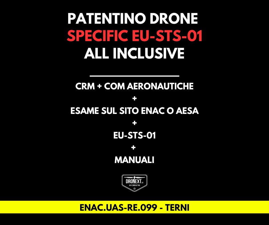 TERNI: CORSO DRONE SPECIFIC EU-STS-01 (VLOS) 19/21.02.2026: TEORIA + PRATICA + ESAMI + MANUALI + ATTESTATO