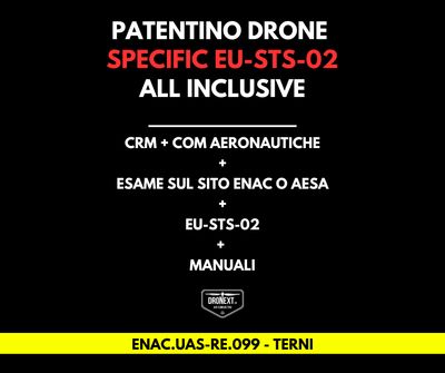 TERNI: CORSO DRONE SPECIFIC EU-STS-02 (BVLOS) 16-17.09.2026: TEORIA + PRATICA + ESAMI + MANUALI + ATTESTATO