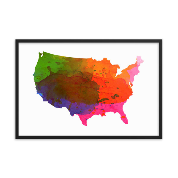 WaterColor - USA Map (Framed Poster)