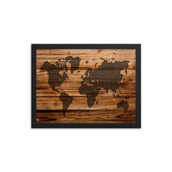 Wood Print - World Map (Framed poster), Size: 12×16