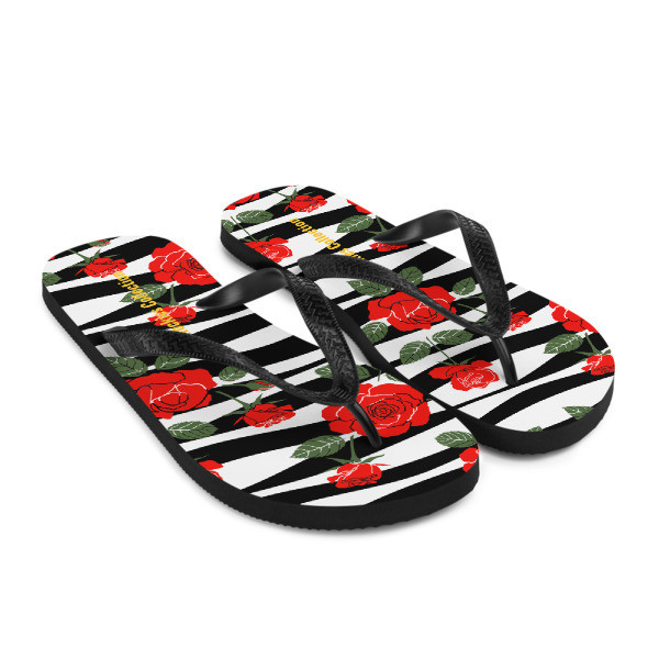 Black &amp; White with Roses - Flip-Flops