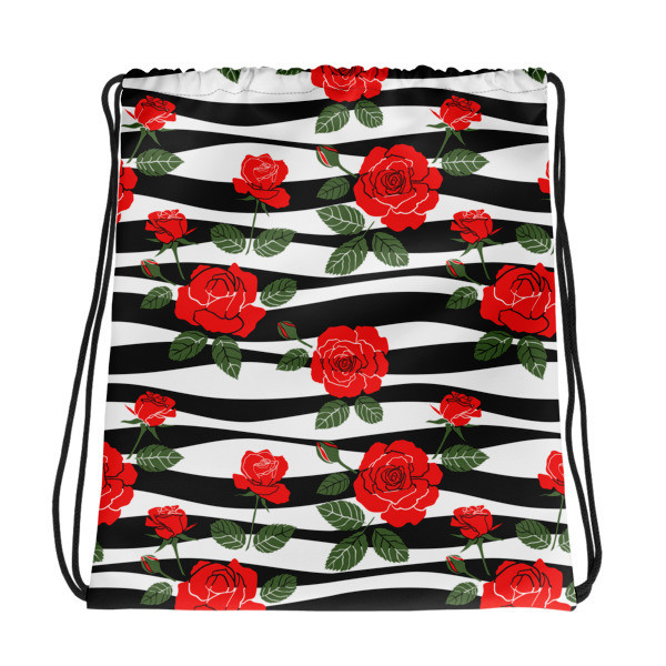 Black &amp; White with Roses - Drawstring bag