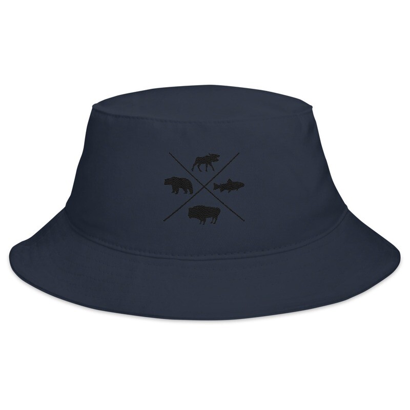 The Rockies Wildlife - Bucket Hat (Multi Colors) Canadian American Rocky Mountains, Color: Navy